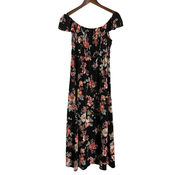 Band Of Gypsies Womens Black Floral Off Shoulder Button Slit Maxi Dress Medium - Picture 7 of 7